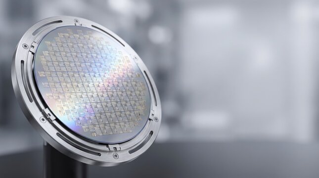 Silicon Semiconductor Wafer Disc with Microchip Grid 3D Concept