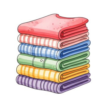 A neat stack of colorful folded laundry shirts isolated on white background