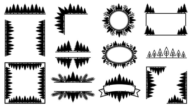 Rustic pine forest border set, black silhouette tree frames and corners, 11 vector elements for camping and outdoor adventure branding