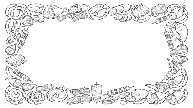 Monochrome meat and sausage frame border for butchery menu layout.