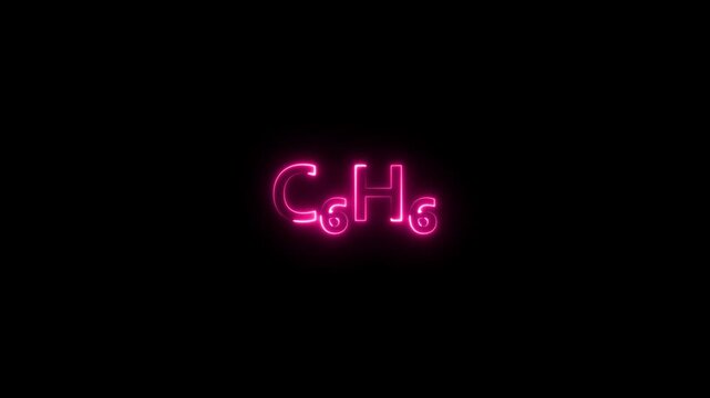 Neon benzene chemical formula c6 h6 glowing sign animation on black background, c6h6 chemistry science