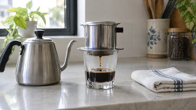 Traditional Vietnamese drip coffee brewing in a stainless steel phin filter into a glass cup on a marble kitchen counter next to a kettle