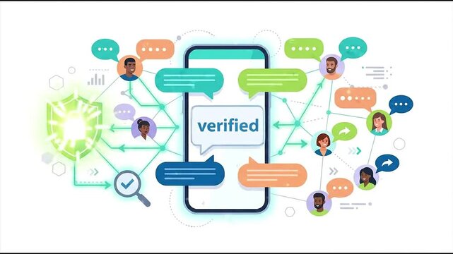 Smartphone application showing verified user account status with social network communication bubbles.