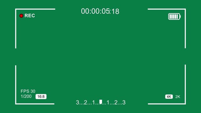 Camera recording overlay interface with green screen background, digital viewfinder hud, rec indicator, battery level, and timecode display for cinematic production and editing projects