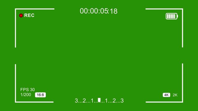 Digital camera viewfinder overlay with green screen background, featuring real-time recording indicators, battery status, frame rate, and precise focus markers for cinematic production