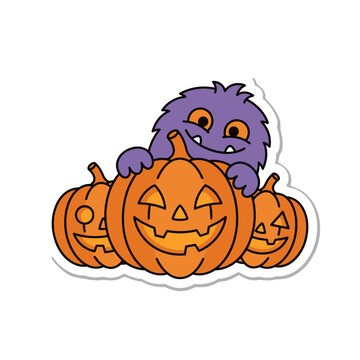 A playful purple monster peeks mischievously from behind several carved jack o lanterns during a festive autumn celebration featuring vibrant orange gourds and spooky holiday decorations.