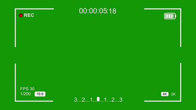 Camera recording interface overlay with green screen background, digital viewfinder hud, 4k resolution settings, timecode, battery indicator, and focus frame for cinematic post-production editing