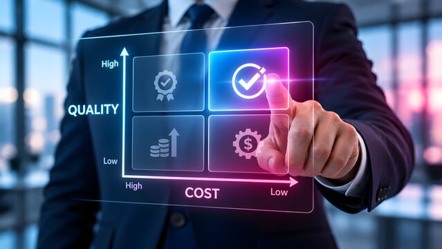Businessman touching glowing quality and cost matrix chart selecting high quality and low cost checkmark on virtual screen