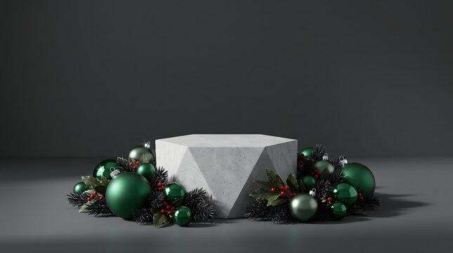 A minimalist concrete hexagonal podium for product display, elegantly decorated with green Christmas baubles, pine branches, and red berries against a dark grey background, perfect for seasonal ret...