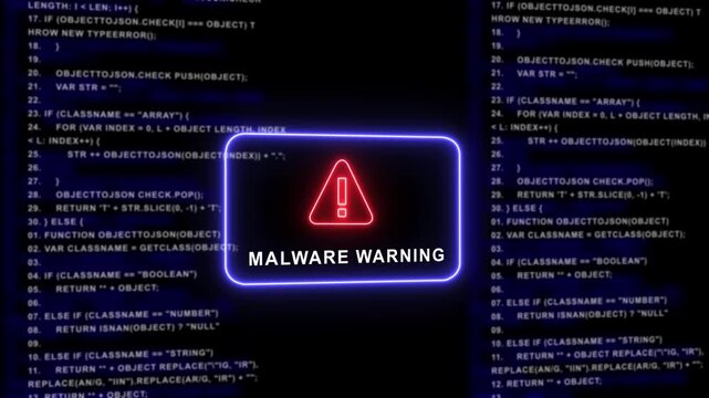 Digital cybersecurity threat alert featuring glowing red malware warning overlaid on scrolling blue computer programming code background, for advanced network, security and data, protection concepts