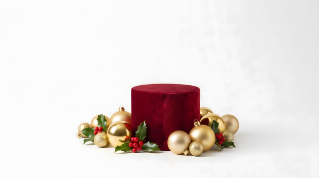 A luxurious red velvet cylindrical pedestal surrounded by gold Christmas baubles and holly berries on a clean white background. This elegant display platform is perfect for showcasing holiday produ...