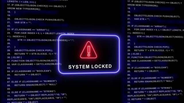 System locked warning alert displayed over scrolling computer programming code background, featuring a glowing, red triangle and, neon blue border, for cybersecurity breach, and software error 