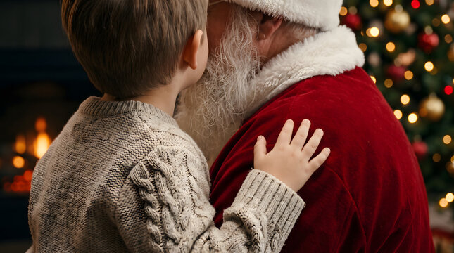 A young boy wearing a cozy knitted sweater whispers a secret Christmas wish into the ear of Santa Claus, who is dressed in his traditional red velvet suit, set against a warm, festive background wi...