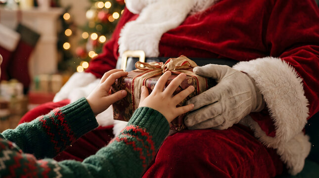A close-up shot capturing a child's hands reaching out to receive a beautifully wrapped Christmas gift from Santa Claus. The scene is set in a warm, festive living room with soft bokeh lights in th...
