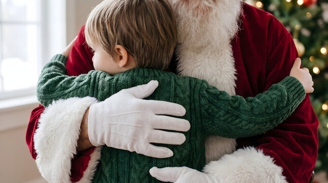 A young boy in a green knitted sweater joyfully hugs Santa Claus, who is wearing his traditional red suit and white gloves. The scene is set indoors, with a blurred Christmas tree and lights in the...
