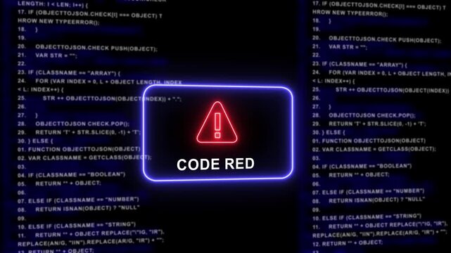 Cybersecurity code red alert warning sign flashing over scrolling computer programming source code background, digital data breach security threat concept, network hacking emergency notification