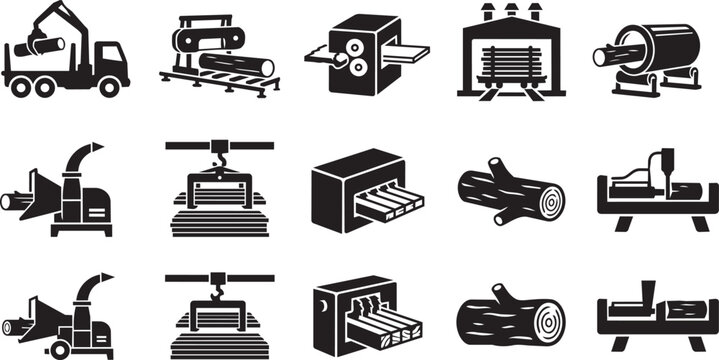 Timber Processing and Sawmill Operations Black Icon Pack &ndash; Log Loader Band Sawmill Edger Machine Kiln Dryer Debarker Chipper Wood Stacker Gang Saw and Timber Log