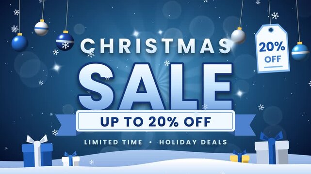 Animated Christmas sale promo, up to 20% off, in icy blue and silver with swinging ornaments, a price tag, falling snowflakes and gift boxes. 4K motion graphic.