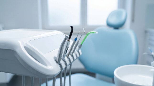 Dental chair with modern professional tools and medical equipment in bright clinical office for hygiene patient care.