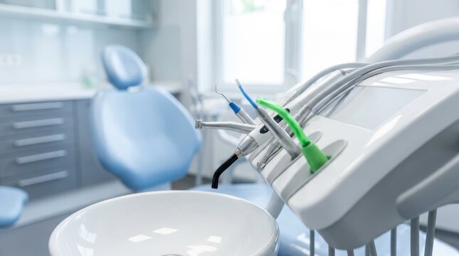Medical dental tools arranged on station tray with blue chair in background for routine clinical checkup procedures.