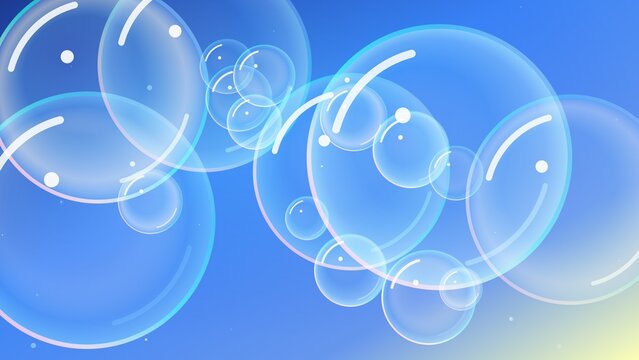 Abstract sky blue water bubbles background with transparent floating soap suds texture vector illustration
