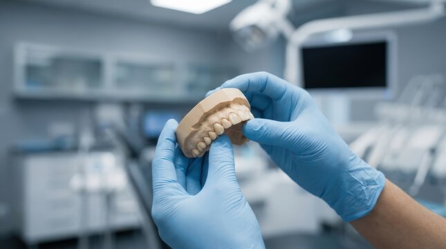 Dentist holding plaster teeth model wearing blue latex gloves in modern clinic for dental care education purposes.
