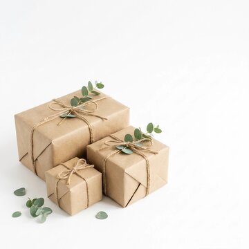 Eco-friendly gift boxes wrapped in craft paper tied with twine string and decorated with green eucalyptus leaves on white background