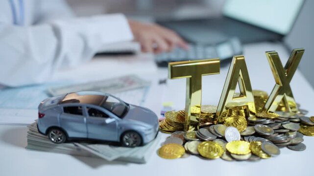 Model car beside gold TAX letters and coins as an office worker uses a calculator and reviews paperwork, symbolizing car tax calculation and vehicle expenses.
