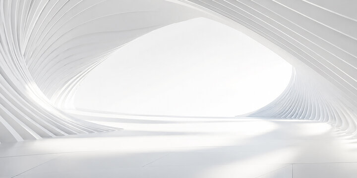 Modern Futuristic White Architectural Interior Space with Curving Wave Lines and Sunlight
