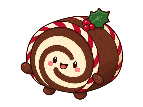 Sweet chocolate swiss roll cake character decorated with festive candy cane stripes and holiday holly yule log christmas