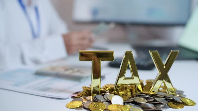 Gold TAX letters on a pile of coins with financial documents on an office desk and an employee reviewing paperwork in the background, representing tax accounting.