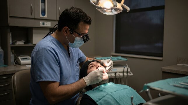 Dentist examining patient's teeth with magnifier and tools in bright illuminated dental office.