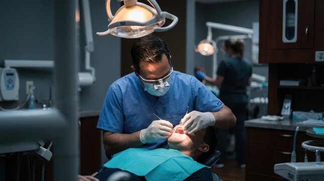 Dentist examining patient's teeth using modern tools and bright light in dental office.