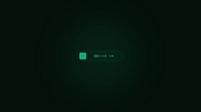Futuristic green glowing audio voice message player widget with waveform sound indicator and timer isolated on dark background.