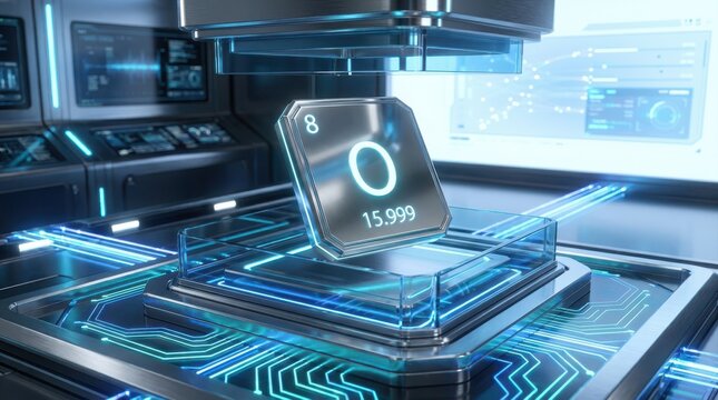 Metallic oxygen element symbol on glowing blue circuit board in a high tech lab.