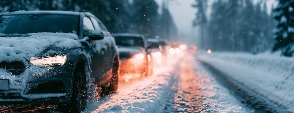 Cars driving on a snowy winter road during a blizzard  