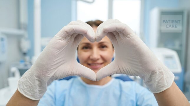 Female healthcare professional making heart shape with gloved hands to symbolize compassionate patient care.