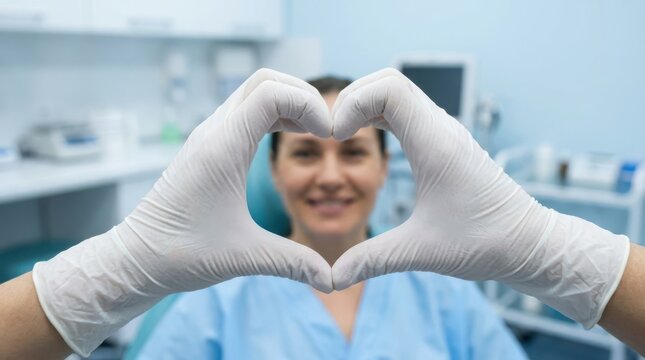 Medical worker forming heart shape gesture with white gloves in clean dental office for trust and empathy.