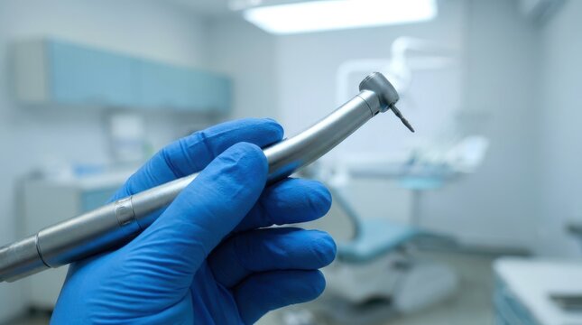 Gloved hand holding stainless steel dental drill in modern clinic setting for professional tooth treatment.