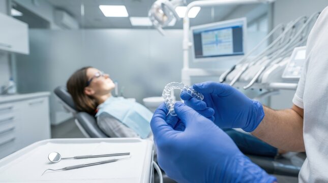 Dentist showing clear aligner retainer tray in front of patient lying on dental chair at medical cabinet.