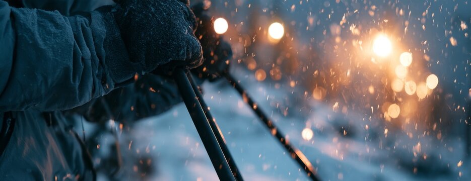Person holding trekking poles while hiking in winter snow  