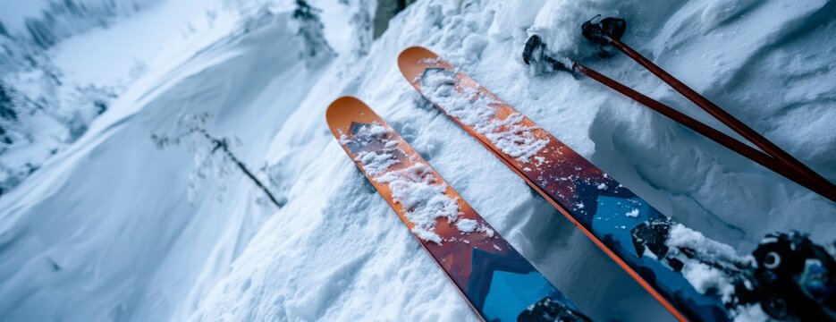 Skis resting on a snowy edge overlooking a steep slope  