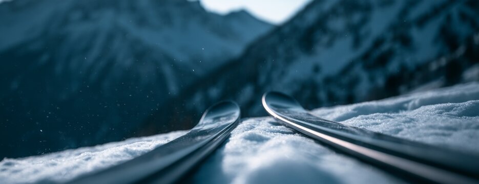 Skis positioned at the edge of a snowy slope in the mountains  