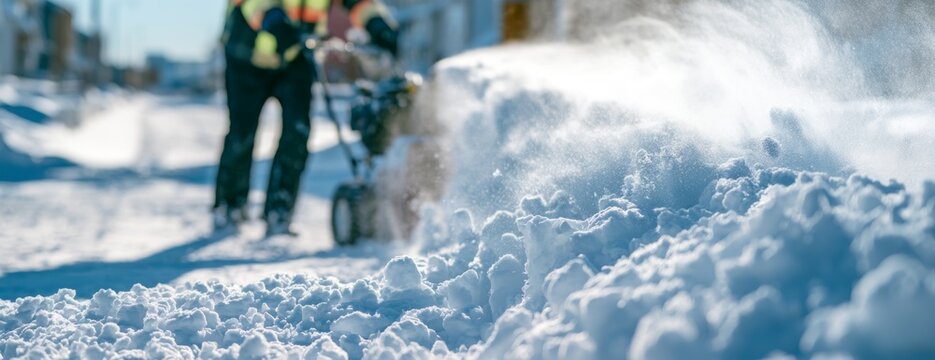 Man worker using snowblower to clear snow on a winter street  