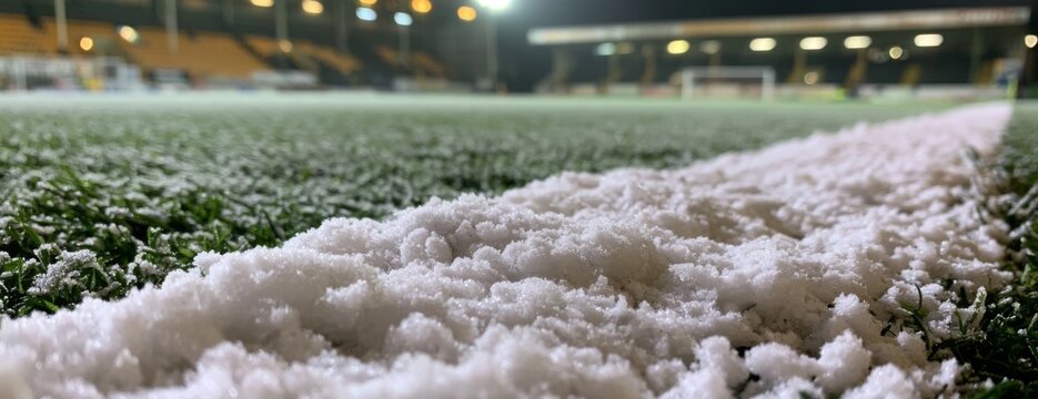 Snow-covered football field at night with stadium lights glowing  