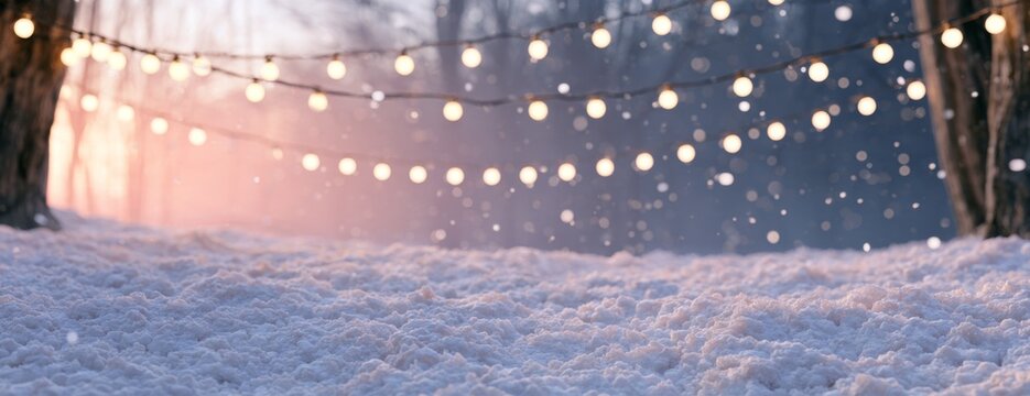 Snowy forest with string lights illuminating a winter evening  