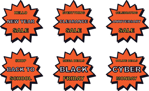 Sale starburst sticker collection vector set. Features orange burst shapes with promotional text for new year, clearance, anniversary, back to school, black friday. Commercial retail labels.