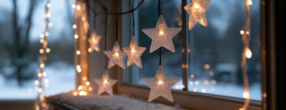 Star-shaped decorations and garlands near a window in winter  