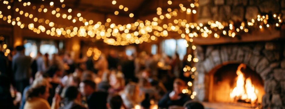 Winter party with guests enjoying warm ambiance by the fireplace, blurred photo  