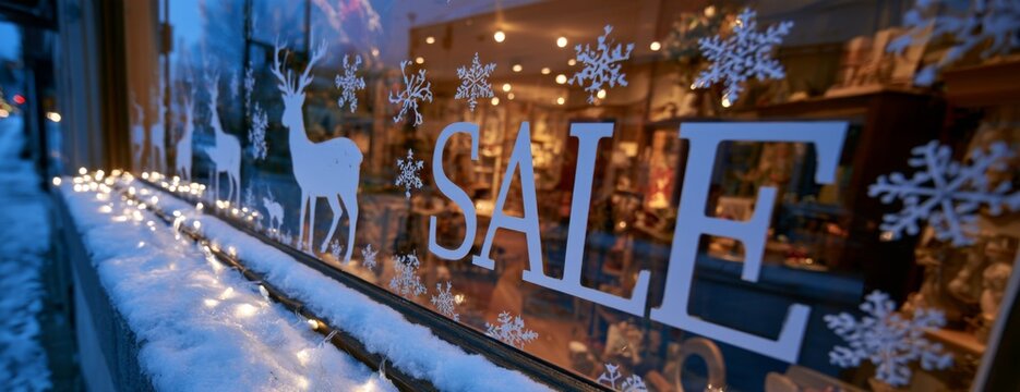 Winter sale display with snowflakes and festive lights on shop window  